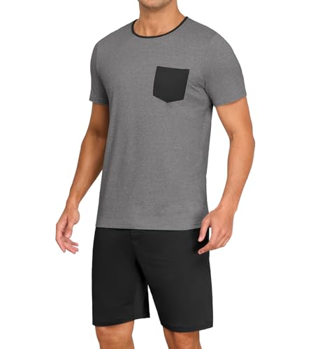 PrinStory Mens Summer Pajamas Set Lightweight Pjs Sets Short Sleeve Pajama Shorts Set Soft Sleepwear Loungewear with Pockets3