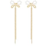 Pendientes largos de lazo dorado con borla para mujer, chapados en oro de 14 quilates, circonita cúbica, borla de perla, lazo, cadena de flecos, lazo de diamantes de imitación, aretes de lazo de lazo