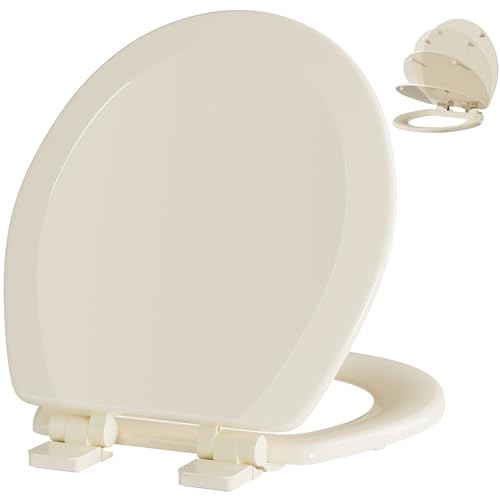 Angol Shiold Quiet-Close Molded Wood Toilet Seat with Non-Slip Adjustable Hinges Anti-Pinch Bumpers Easy Install & CleanBone Round 16.5