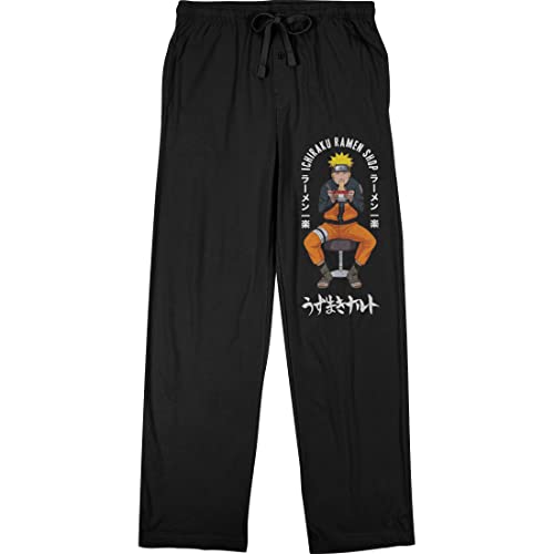 Bioworld Naruto Shippuden Character and Logo Men's Black Drawstring Sleep Pajama Pants