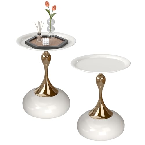Soayone Lot de 2 Petites Tables Basses Rondes en Métal Doré, Table d'appoint, Table Basse Blanche Ronde, Table de Chevet, 40X40X53 cm