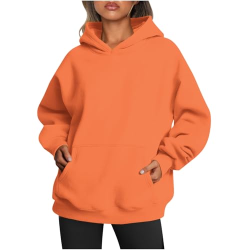 Generic Women's Orange XL Long Sleeve Hoodie with Hooded Neck and Kangaroo Pocket, Plus Size, Loose Fit, Solid, Pullover for Women, Adult, Women's Clothing, Hoodie
