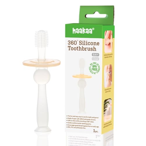 Image of Haakaa 360° Silicone Baby Toothbrush – 100% Soft Food Grade Silicone, BPA-Free, Suction Base, Safe for Babies 6 Months+, Gentle Gum and Teeth Cleaning for Infants, Gum Massager