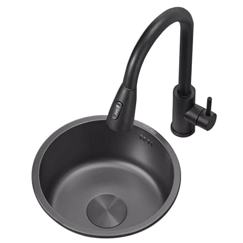 Lavavajillas Redondo de un Solo Seno para Bar O Balcón, Deo Inoxidable 304 con Grifo Extraíble, para Cocina, Pequeño, para Colocar Sobre O Debajo de la Encimera./O Negro/36 * 36 * 18 cm