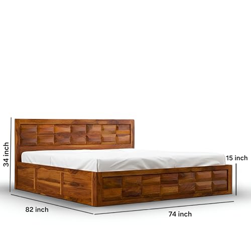 Image of Sheesham Wood King Size Bed with Storage Box | Wooden Box Bed King Size Double Cot Bed with Storage for Bedroom | Premium Barfi Design Headboard Bed for Hotel, Home | Honey Finish