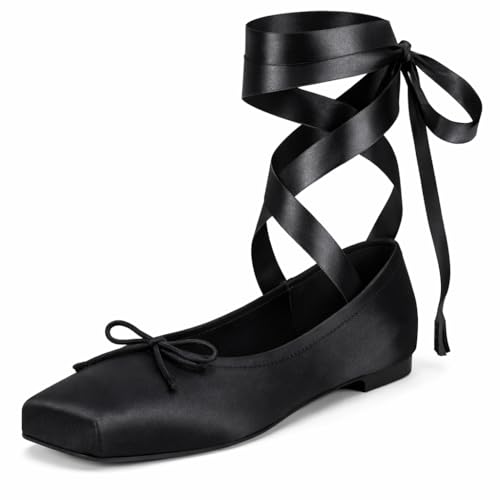 Lace Up Ballet Flats for Women, Square Toe Ballet Shoes with Ribbon Bow, Strappy Mary Jane Satin Ballet Slippers Footwear Black