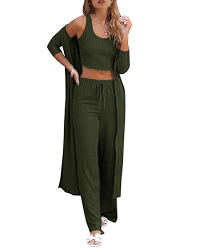 Image of Fessceruna Womens 3 Piece Lounge Pajamas Sets Cute Vacation Matching Set | Pj Sets, Airport Travel Outfits, Bedroom, Winter Fall Loungewear , Cotton, Christmas
