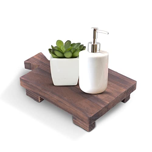 Wood Pedestal Riser | Wooden Soap Stand For Bathroom Or Kitchen Decor | Wooden Dish Soap And Perfume Holder Tray | With Anti-Slip Grip Feature - Dark Brown Walnut #TOP2