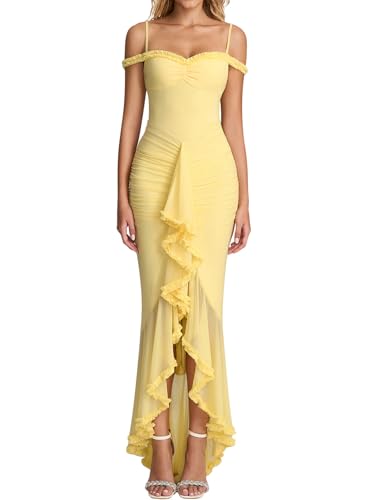 KUTUMAI Women Ruffle Bodycon Maxi Dress Ruched Long Formal Cocktail Wedding Guest Dresses Yellow M