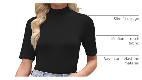 Top12 Best Lightweight Summer Tops with Sleeves for Women over 50: 9 ANRABESS Women Tops Mock Neck 1/2 Short Sleeve Slim Fit Basic Tee Shirts Dressy Work Business 2025 Summer Fall Casual Outfits Black Small