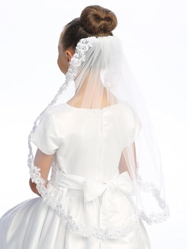 Swea Pea & Lilli Girls First Communion Veil - White Holy 1st Communion Headpiece with Comb, Corded Lace Trim, and Rhinestone Accents2