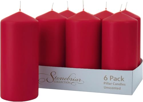 Image of Stonebriar Unscented Pillar Candles - 80 Hour Burn Time, Long-Lasting Wax Candles for Weddings, Holidays, Home Decor & Special Events, Pack of 6, Red, 3 inch x 8 inch