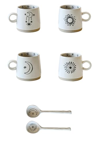 2-Piece 13.5oz Japanese Stoneware Coffee Mugs – Lead-Free Wabi-Sabi Ceramic Tea Cups w/ Spoon, Double-Sided Sun/Moon Pattern, Thermal-Shock-Resistant & Ergonomic Handle – Microwave/Dishwasher Safe