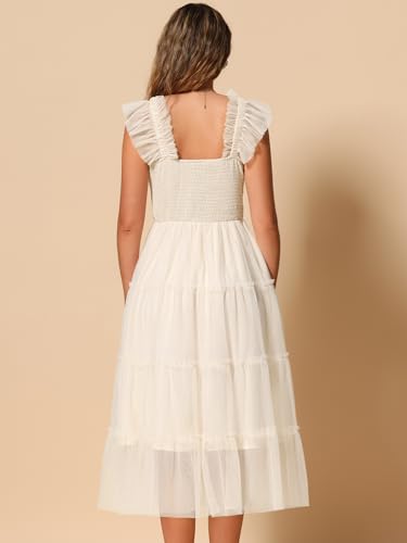 Image of Allegra K Women's Summer Midi Tulle Dress Sleeveless Smocked Square Neck Tiered Ruffled Wedding Guest Dress