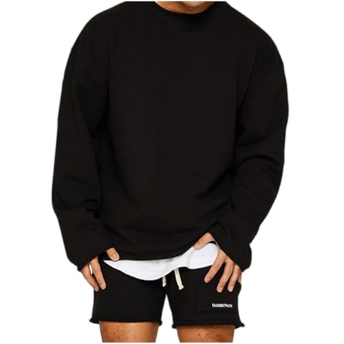 Men's 2 Piece Athletic Outfits Crewneck Long Sleeve Pullover Tops and Shorts Baggy Trendy Solid Color Tracksuit Sets