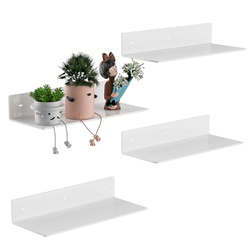 Hexsonhoma 4 Pack White Acrylic Floating Shelves 15 Inches, Wall Hanging Bathroom Shelves, Wall Organizer Shelf for Kitchen, Living Room, Bathroom, Retail, Supermarket, 4 Pack