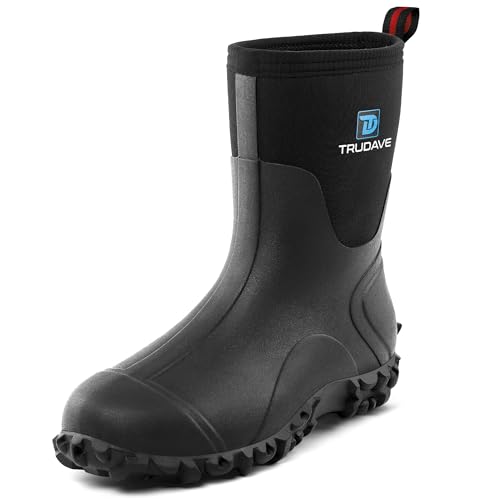 Rubber Boots for Men, 6mm Neoprene Insulated Mud Boots with Steel Shank, Men's Mid Calf Waterproof Rain Boots,Anti-Slip Rubber Work Boots for Farming Gardening Fishing,Size 7-13