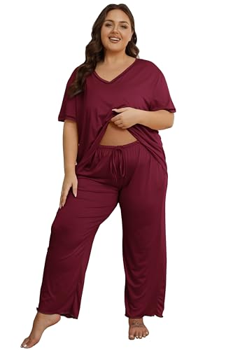 Image of Vozanet Women's Plus Size Pajama Sets Short Sleeve Long Pants Solid Color with Piping Trim Elegant Loungewear Cozy Sleepwear