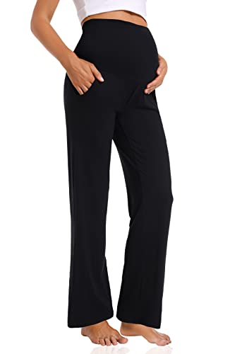 Foucome Pantalones de maternidad para mujer, casuales, holgados, de pierna ancha, acogedores, pantalones de descanso con bolsillos, Negro, M