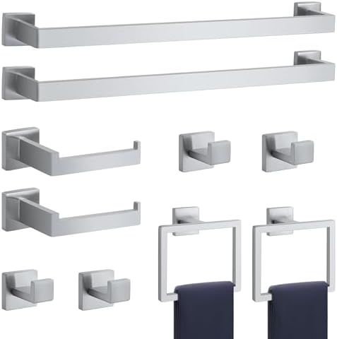 10-Pieces Brushed Silver Bathroom Accessories Set, Stainless Steel Bathroom Hardware Set, Towel Racks for Bathroom Wall Mounted 24 Inch Bath Towel Bar Set.