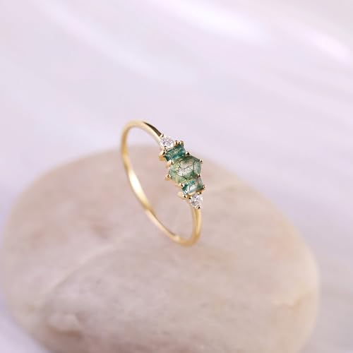 Raw Moss Agate Engagement Ring with CZ Accents, Hexagon & Baguette Cut Green Gemstones, Dainty Solitaire Ring, July Birthstone Promise Ring for Her2