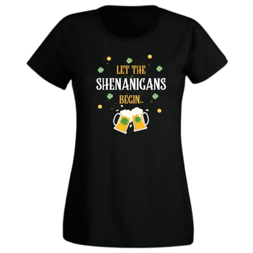 Second Ave - Camiseta para mujer, diseño con texto en inglés "Let The Shenanigans Begin", color negro o verde, Negro, Small