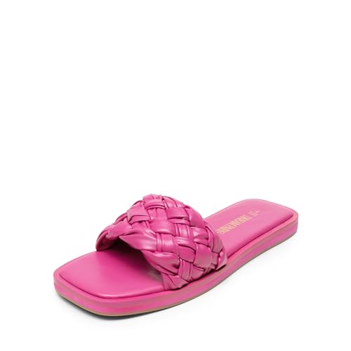 DREAM PAIRS Women's Square Open Toe Slide Sandals Cute Slip on Braided Slides Flat Sandals for Summer 6.5 Hot Pink