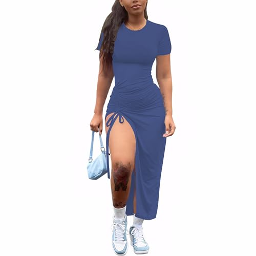 Image of Nimsruc Women Sexy Summer Dresses Short Sleeve Thigh-high Slit Ruched Bodycon Maxi Club Cocktail Party Dress