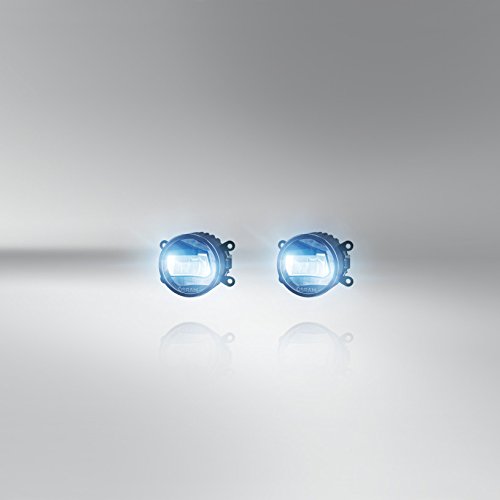 Two Osram Ledfog101 LED fog lamps illuminated with a cool white light