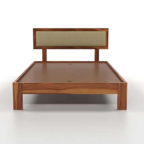 Image of Solid Sheesham Wood Single Bed Without Storage for Bedroom | Single Size Wooden Cot with Upholstered Headboard | Modern Platform Divan Bed for Home, Guest Room (Honey Finish)