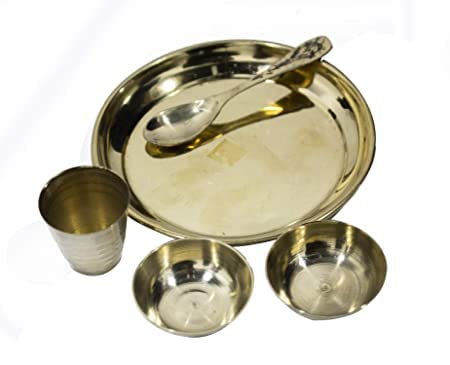 Image of KYNA 5 in 1 Pack Traditionally Designed Pooja Bhog Thali Set for Home and Temple Use (1 Thali, 1 Spoon, 1 Glass and 2 Katori)
