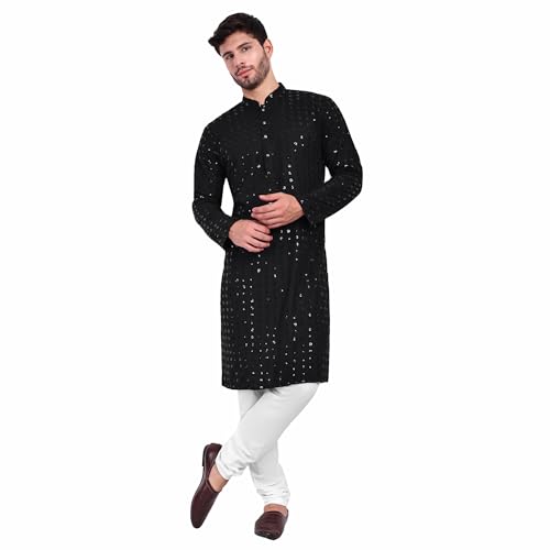 Image of Rayon Ethnic Wear Full Chikankari Sequin Embroidery Mirror Work Traditional Straight Kurta Pyjama Set for Men