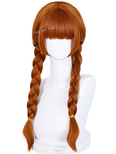 Image of Half and Half Long Orange Brown Braided Wig with Bangs for Women 27.5'' Copper Brown Twin Braids Wigs Pigtail Wig Hair for Halloween Party Costumes