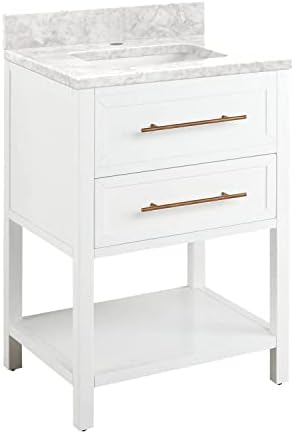 Signature Hardware 953332-24-RUMB-1 Robertson 24" Freestanding Mahogany Single Basin Vanity Set with Cabinet, Vanity Top, and Rectangular Undermount Sink - Single Faucet Hole - Bright White/Carrara