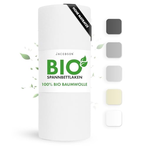 Jacobson Bio Spannbettlaken BOXSPRING 140x200cm Baumwolle Spannbettlaken, GOTS zertifiziertes Bettlaken, 160g/m² Jersey Spannbetttuch (BOXSPRINGBETT 140x200, Weiß)