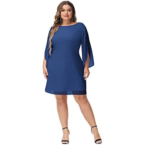 GRACE KARIN Women Casual Plus Szie Chiffon Dress Crew Neck 3/4 Split Sleeve Party A Line Dress Cobalt Blue 24 Cover