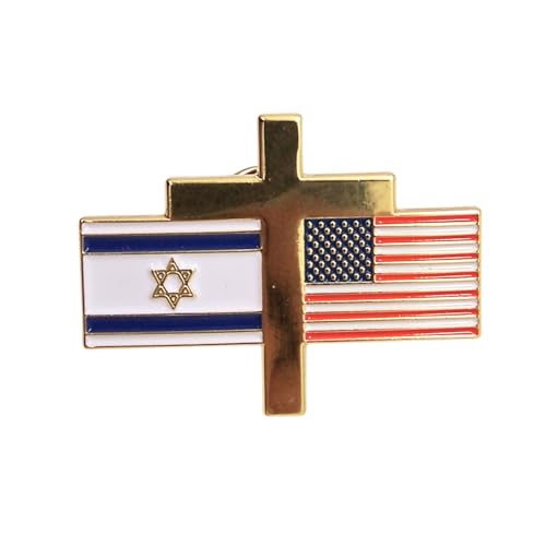 American and Israel Flag with Cross Lapel Pin Gold Plated Enamel Butterfly Clutch Back 1.5 Inches