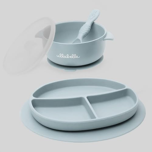 Image of Ullabelle Toddler Plates & Bowls Complete Set w/Spoon - BPA Free 100% Food Grade Silicone - Microwave & Dishwasher Safe Baby Suction Plate, Bowl w/Lid, & Spoon - Blue