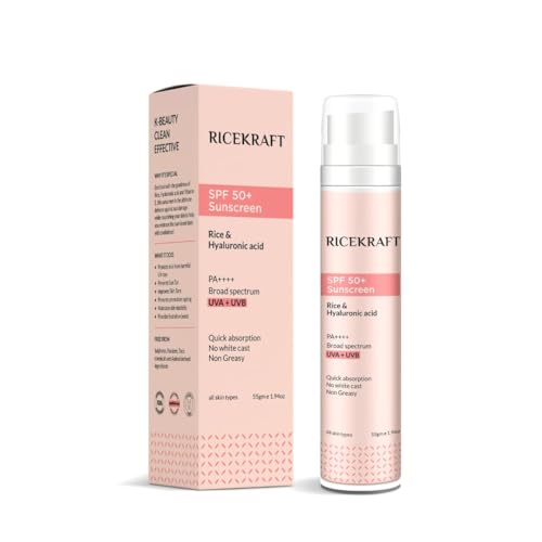 R.ice'kraft SPF 50+ Korean Sunscreen with Rice & Hyaluronic Acid for Broad Spectrum, PA++++ Protection | Light weight | Quick absorption, No White Cast and Non Greasy | Fragrance Free | For Oily, Dry, Combination, Acne Prone Skin | 55g