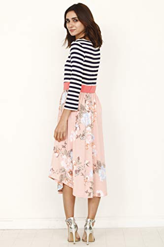 Image of Eloges Women's 3 /4 Sleeve Contrast Waist Band Floral Curved Hem Midi Dress