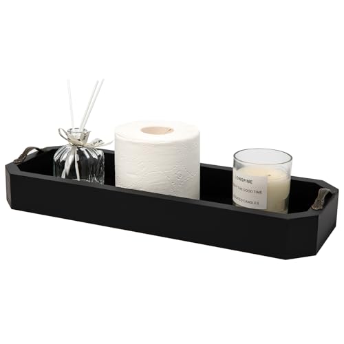 ExoLiry Rustic Stone Gray Wooden Toilet Tank Bathroom Storage Tray Antique Brass Metal Handles Vintage Wood Countertop Vanity Organizer Rectangular Toiletries Tissue Fragrances Caddy Dresser Home