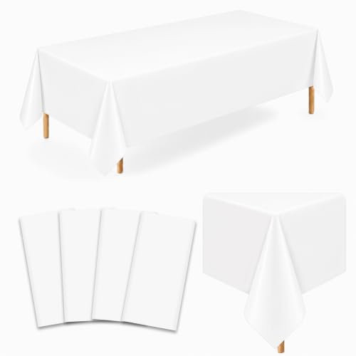Image of 4 Pack White Plastic Tablecloths, 54 x 108 Inch Disposable Covers | Ideal for Weddings, Bridal Showers, Birthdays and Graduations, Helping Protect Tabletops and Simplify Event Cleanup