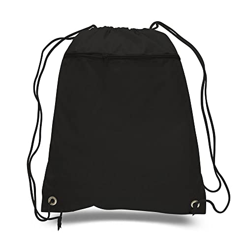 TBF (12 Pack) Set of 12 Durable Polyester Drawstring Backpack Bags with Front Zipper Pocket 15" W x 18" H (Black)2