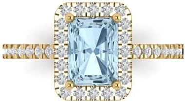 1.86 tcw Emerald Cut Cocktail Ring for Women in 14K Yellow Gold, Natural Aquamarine Birthstone w/Halo Accents Solid Gold Womens Statement Fashion Ring (Size Adjustable)