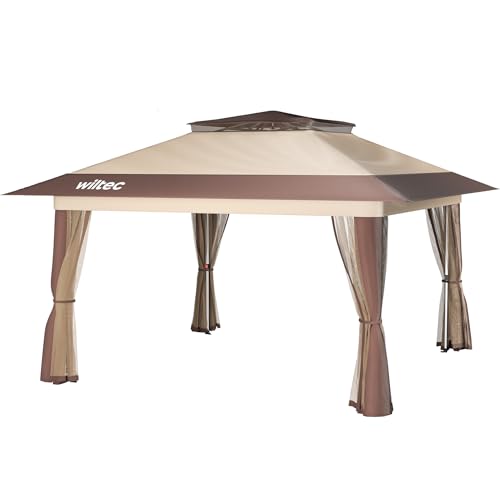 Wiltec Pavillon de réception Pliante – 4 x 4 x 2,87 m – Couleur Beige – avec Protection Anti-moustiques Sac et Roues – Tente Tonnelle de Jardin Fête Camping