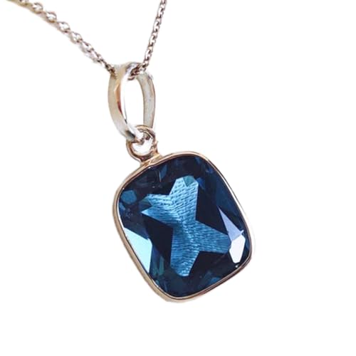Colgante rectangular de topacio azul natural y plata con cadena de 45 cm