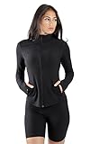 90 Degree By Reflex Womens High Neck Slim Fit Ribbed Zip Up Athletic Running Jacket with Thumbholes - Black - Small