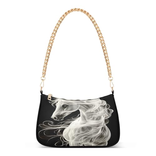 Shoulder Bags for Women White Horse Black Background Hobo Tote Handbag Small Clutch Purse with Zipper Closure