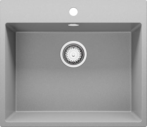 PRIMAGRAN Evier Cuisine en Granit Gris 58x50cm, Lavabo 1 bac + Kit de Vidage, Évier à Encastrer au Meuble 60cm - Riga S309