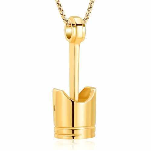 Car Parts Stainless Steel Piston Cremation Urn Necklace For Men Keepsake Memorial Jewelry Hold Ashes (Gold)